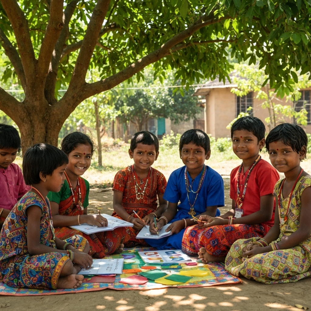 Telangana tribal children learning in outdoor classroom