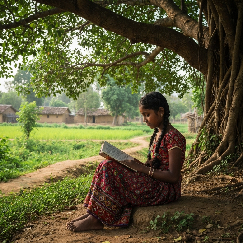 Telangana tribal girl reading under tree