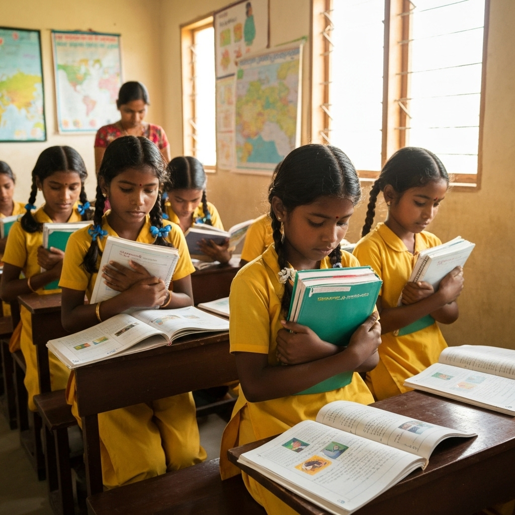 Telangana tribal girls studying in classroom