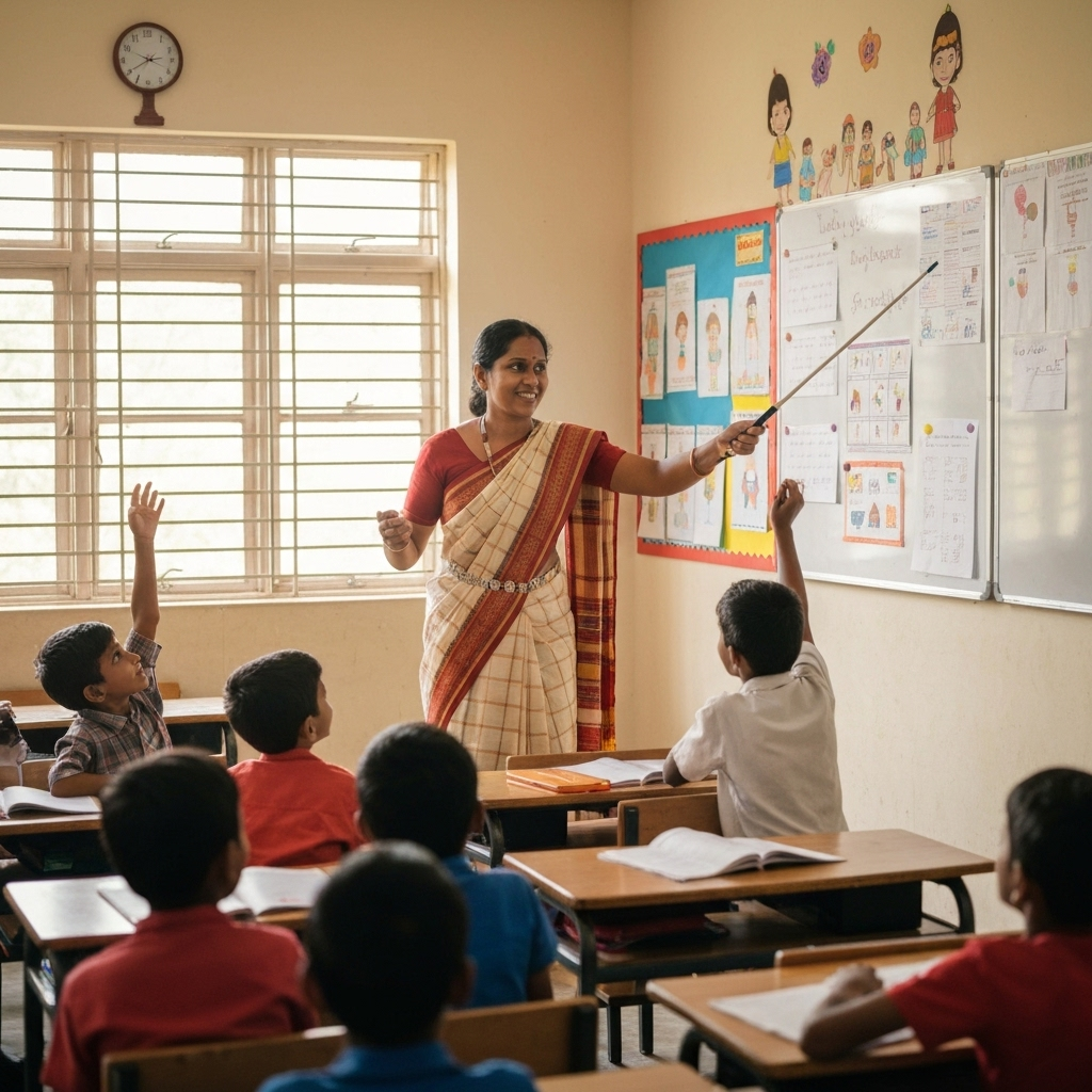Telangana tribal teacher with students