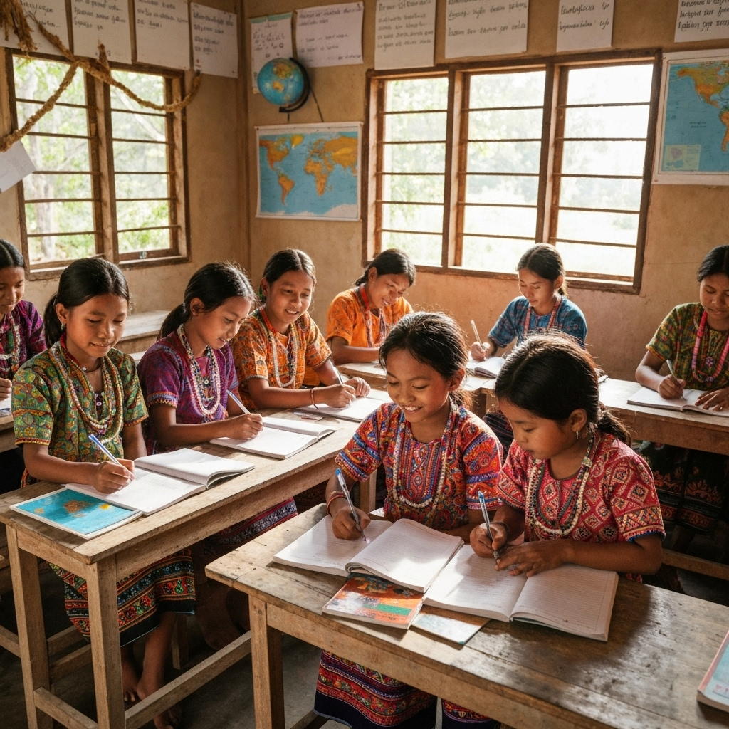 Tribal girls studying in classroom