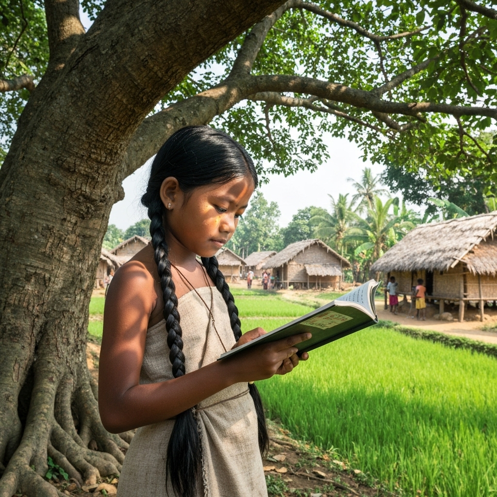 Young girl reading under tree